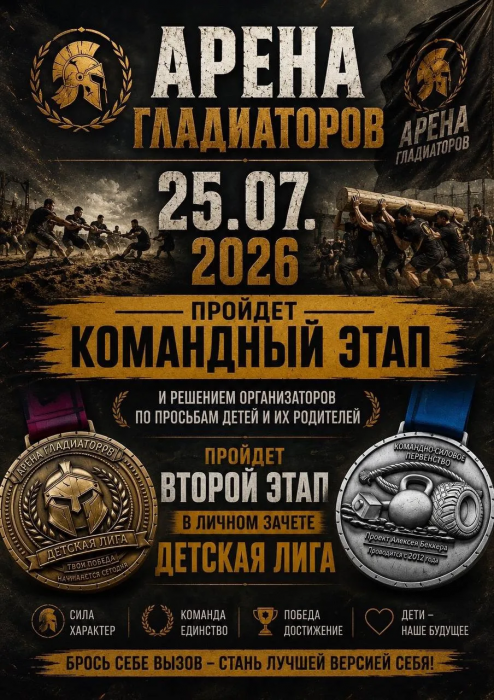 25 июля приглашаем жителей и гостей муниципалитета стать частью мощного спортивного события — «Арены гладиаторов»!
